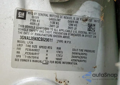 2012 Chevrolet Captiva Sport из США, поврежденный, VIN 3GNAL2EK8CS629611